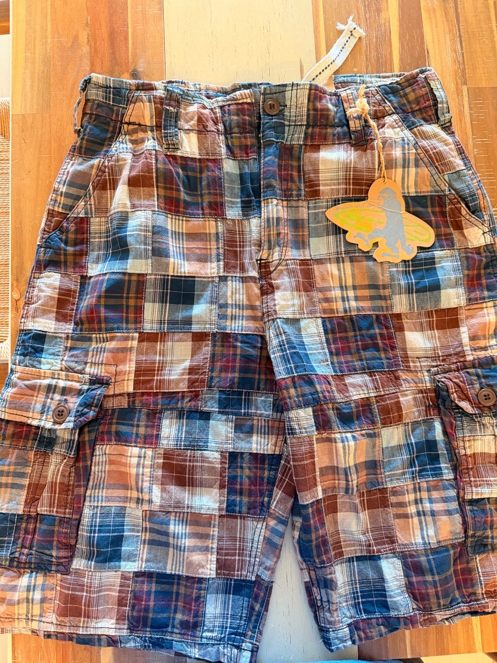 Banana USA Patchwork Plaid Cargo Shorts - Blue, Brown & Tan